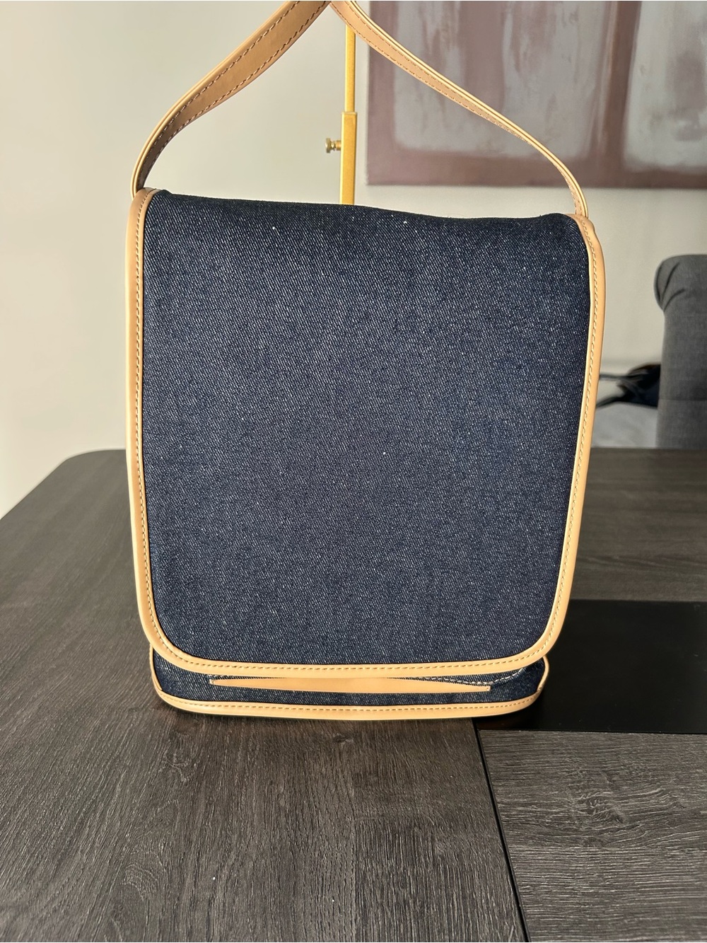 Ladies Navy Denim & Vegan Leather Shoulder Bag with Tan Trim